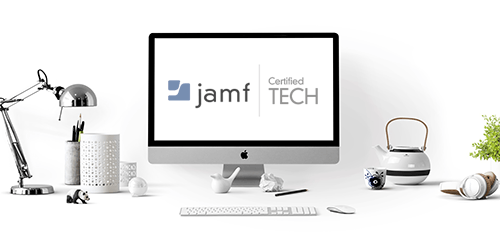 Jamf Pro online training represented by Jamf logo on desktop PC